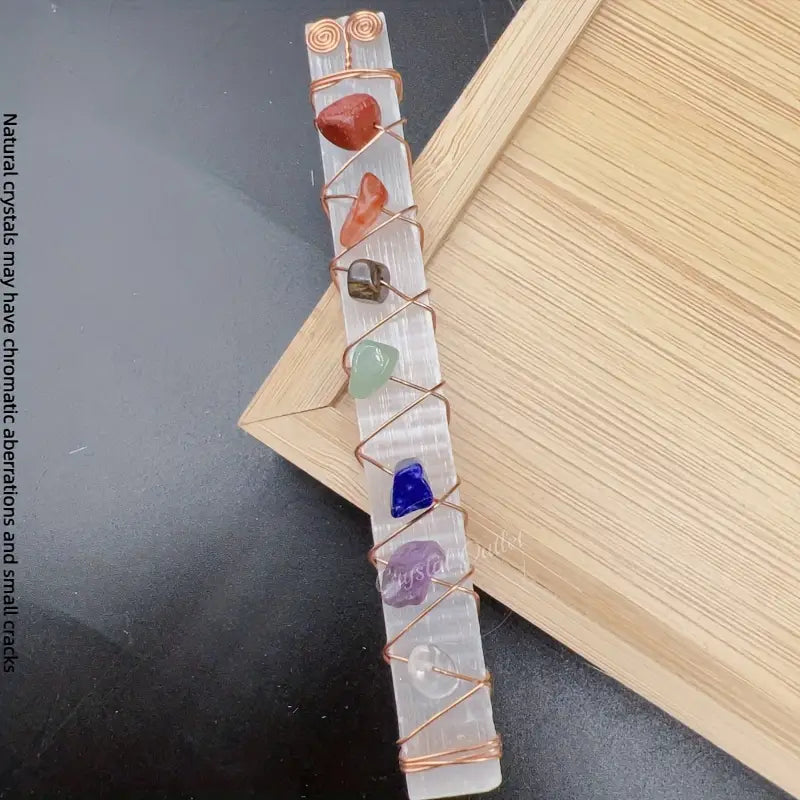 Rough, Selenite mini Sticks with Chakra stones and colors 4 inch