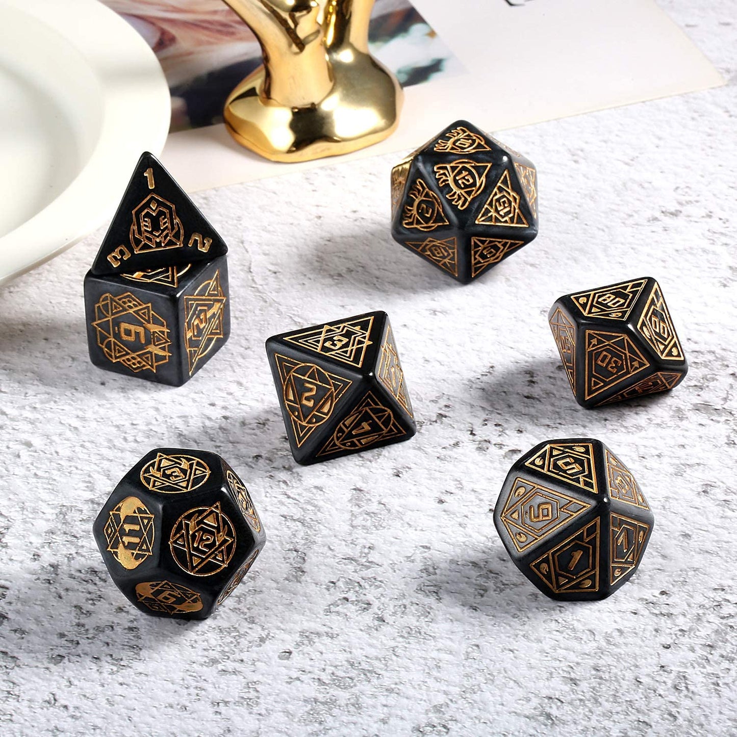 Dice Sets, Black and Gold Constellation Patterns with Metal Tin Polyhedron 7 Piece Set