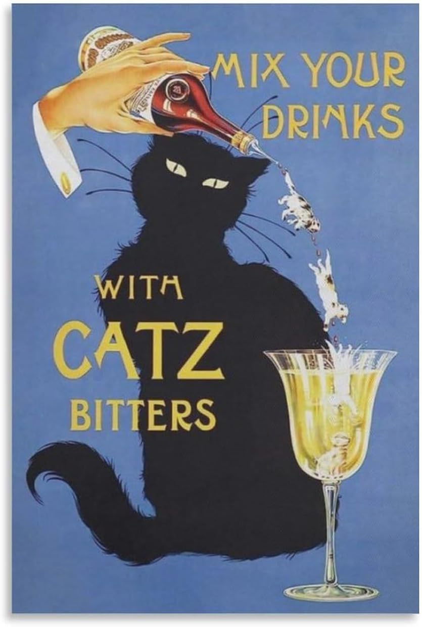 Vintage Catz Bitters Poster Retro Mix Your Drinks Alcohol Black Cat Poster Canvas Wall Art