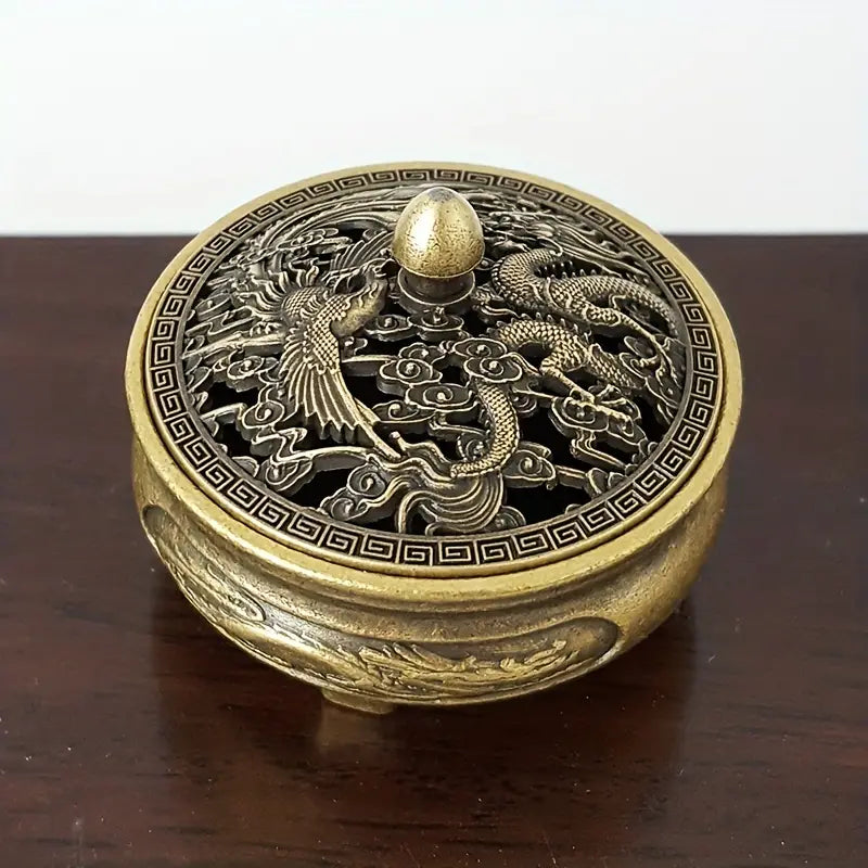 Burner, Dragon and Phoenix Golden Metal Incense Burner or Aroma Diffuser