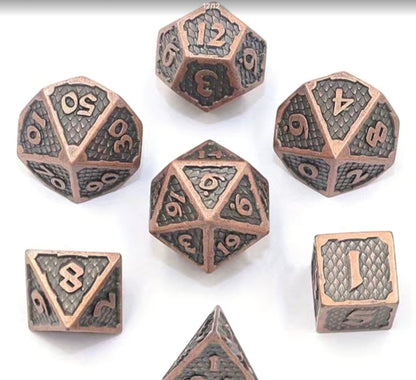 Dice Sets, Solid Metal  7 Piece Set Dragon Scales