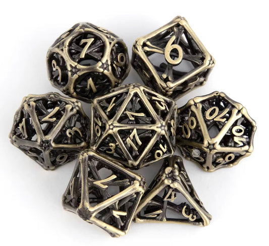 Dice Set, Bones Hollow Metal Polyhedron 7 Piece Set