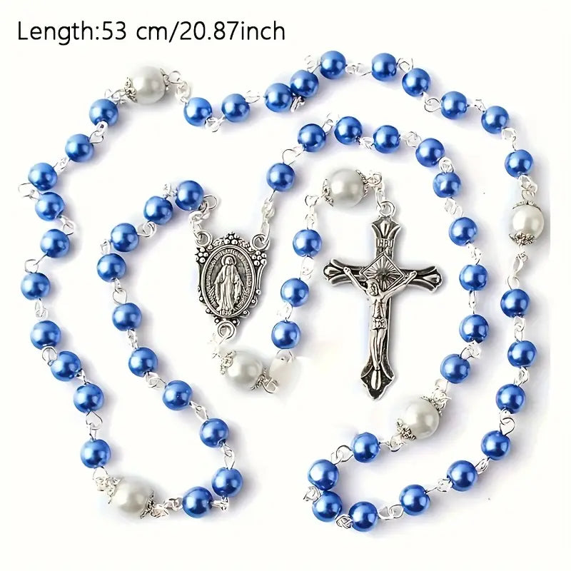 Blue Glass Imitation Pearl Rosary Beads Prayer Rosary