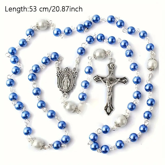 Blue Glass Imitation Pearl Rosary Beads Prayer Rosary