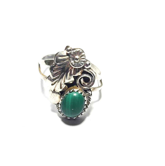 Ring, Sterling Silver with Malachite in Leaf Setting