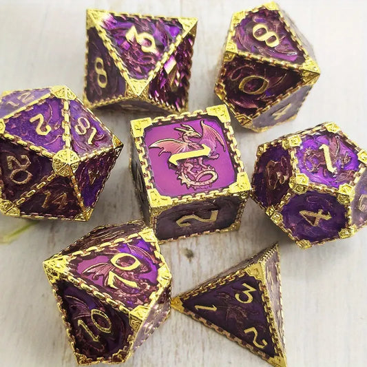 Dice Sets, Solid Metal With Dragons, Gold numbers Polyhedron 7 Piece Set