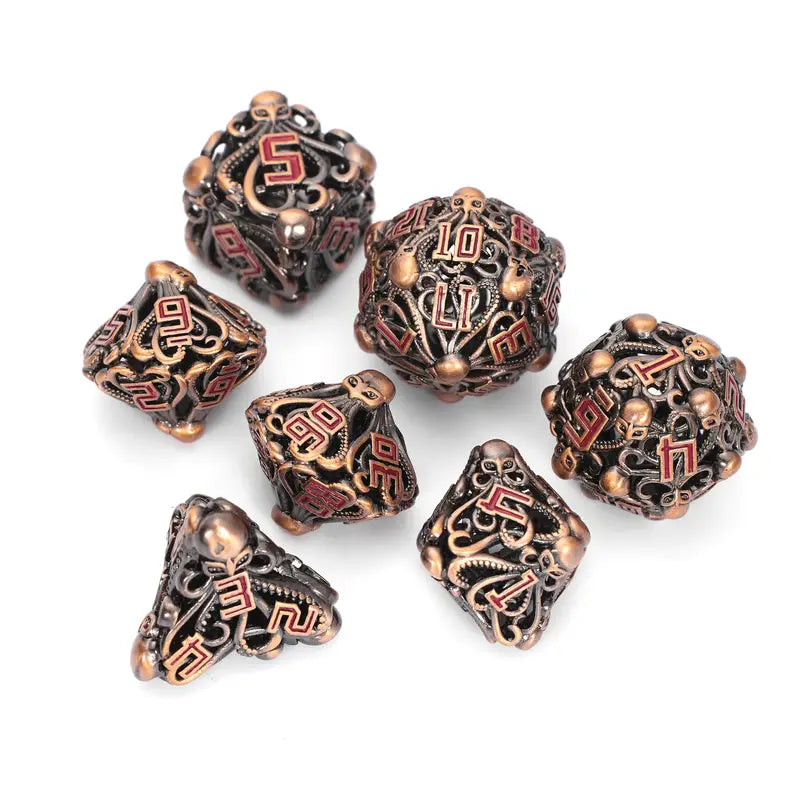 Dice Set, Red Copper with Red Numbers Hollow Metal Polyhedron 7 Piece Set