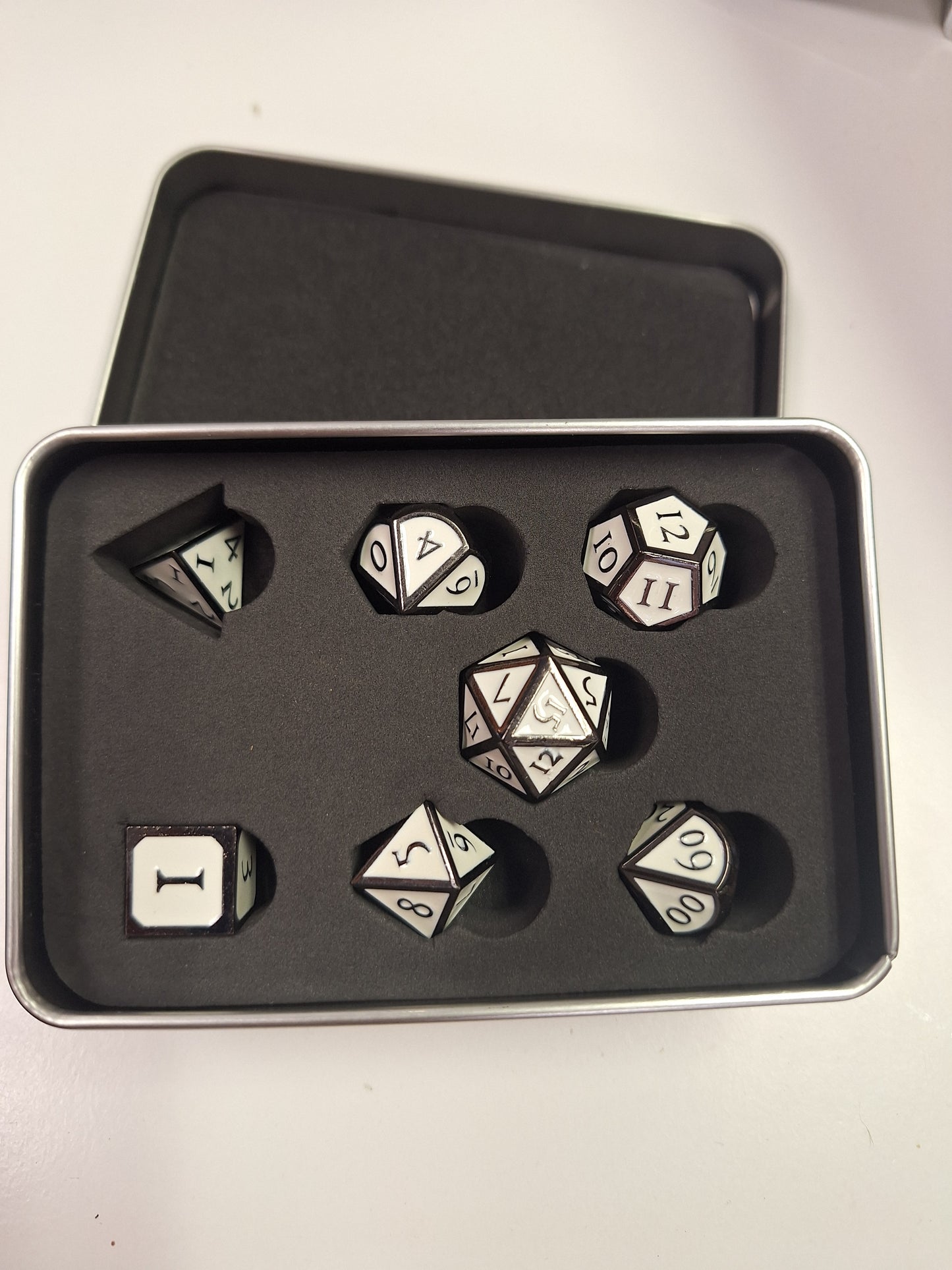 Metal dice set, Black with White enamel