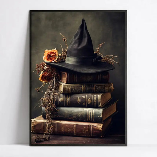 Art Canvas, 8.3" x 11.8" Witch Hat and Books Canvas Art