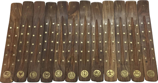 Burner, Brass Inlaid Zodiac Signs Natural Wood for Stick Incense