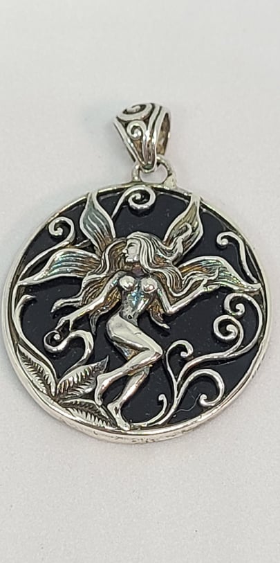 Pendant, Sterling Silver Fairy and Mother of Pearl Backdrop