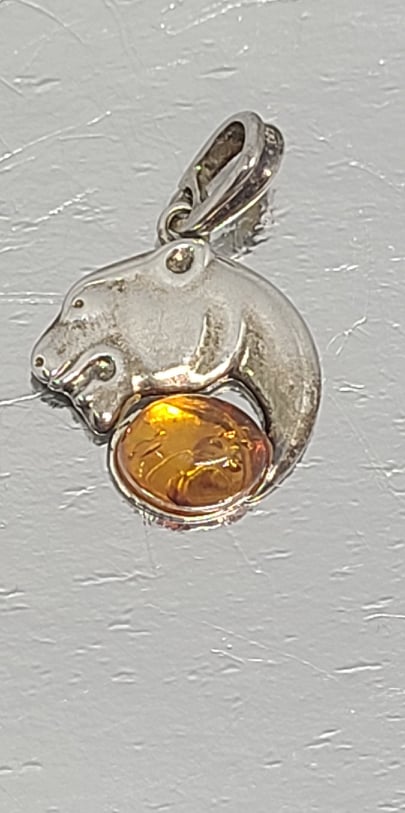 Pendant, Sterling Silver and Baltic Amber with Filigree (lion)