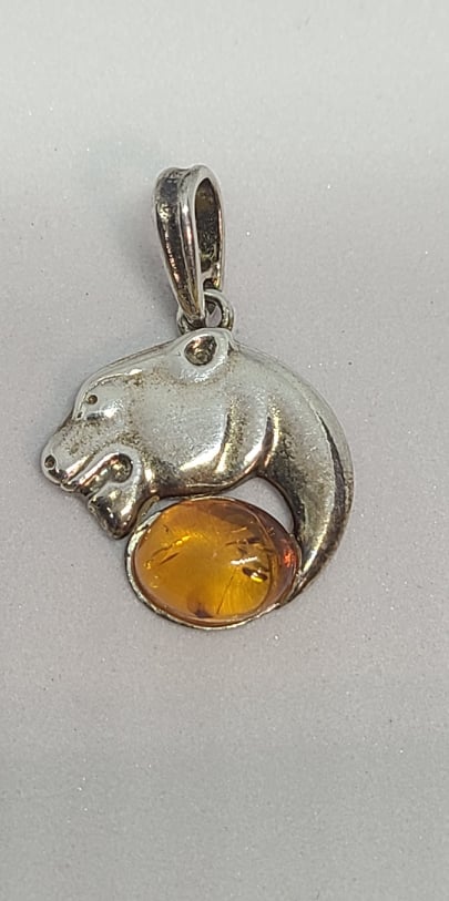 Pendant, Sterling Silver and Baltic Amber with Filigree (lion)