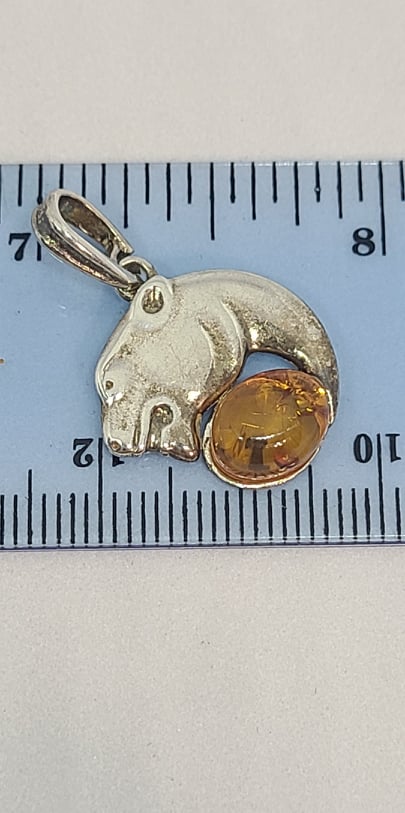Pendant, Sterling Silver and Baltic Amber with Filigree (lion)