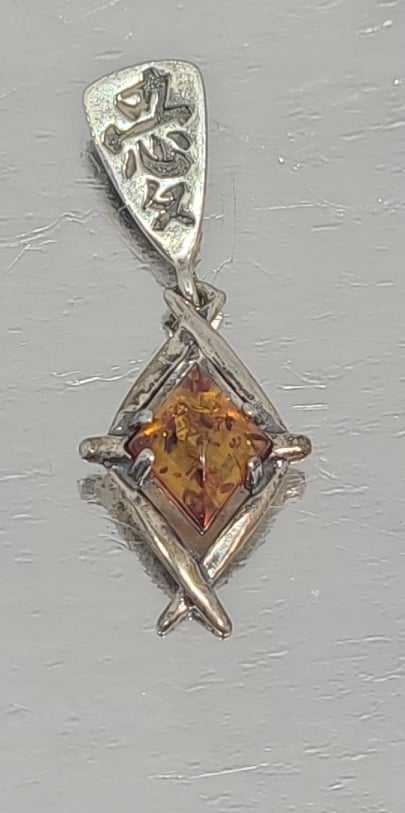 Pendant, Sterling Silver and Baltic Amber with Filagree