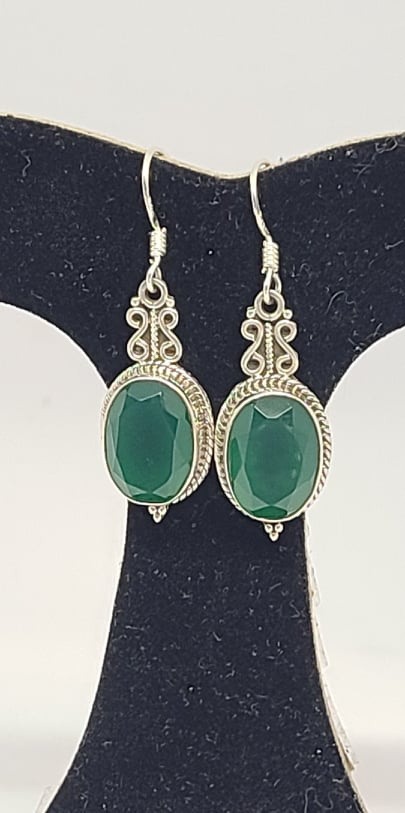 Earrings, Sterling Silver and Green Sapphire