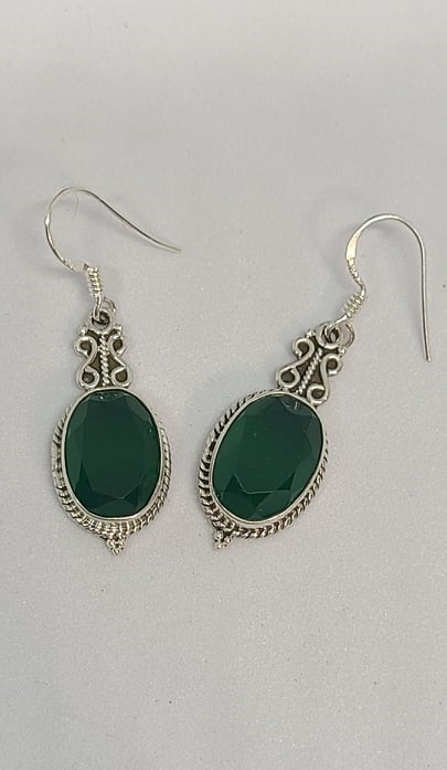 Earrings, Sterling Silver and Green Sapphire