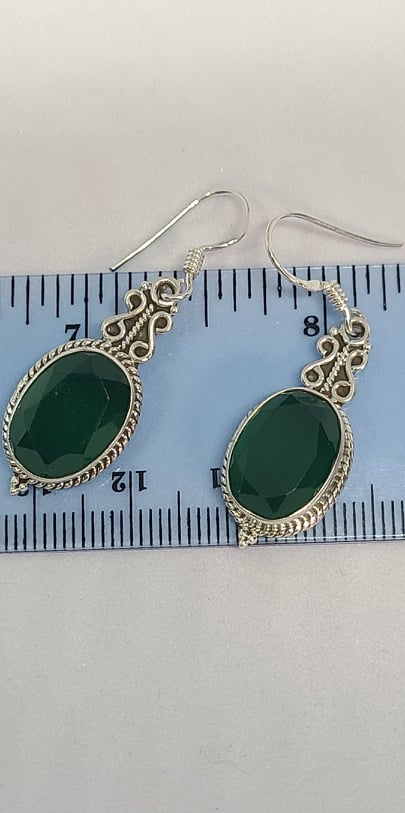 Earrings, Sterling Silver and Green Sapphire