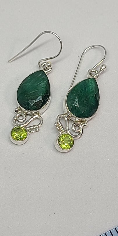 Earrings, Sterling Silver and Green Sapphire
