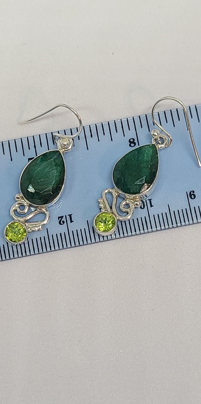 Earrings, Sterling Silver and Green Sapphire