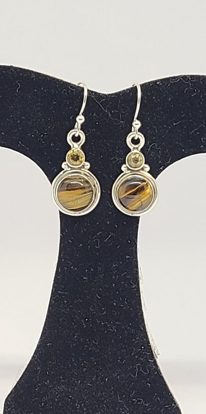 Earrings, Sterling Silver and Tiger's Eye and Citrine Accent