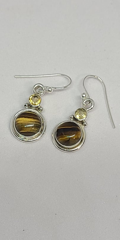 Earrings, Sterling Silver and Tiger's Eye and Citrine Accent