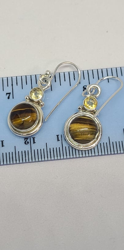 Earrings, Sterling Silver and Tiger's Eye and Citrine Accent