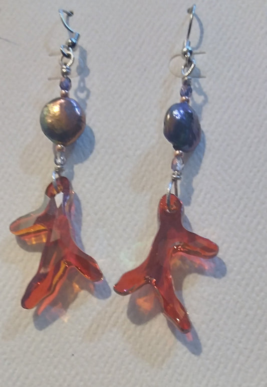 Earrings, Sterling Silver, Pearl and Coral Swarovski crystals.