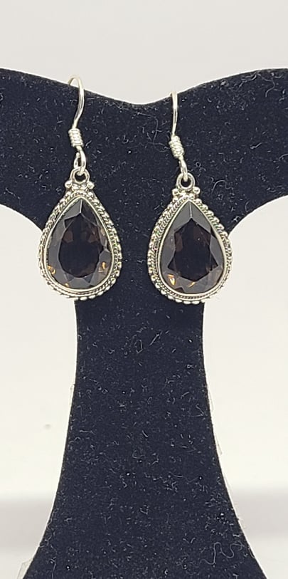 Earrings, Sterling Silver and Smokey Quartz