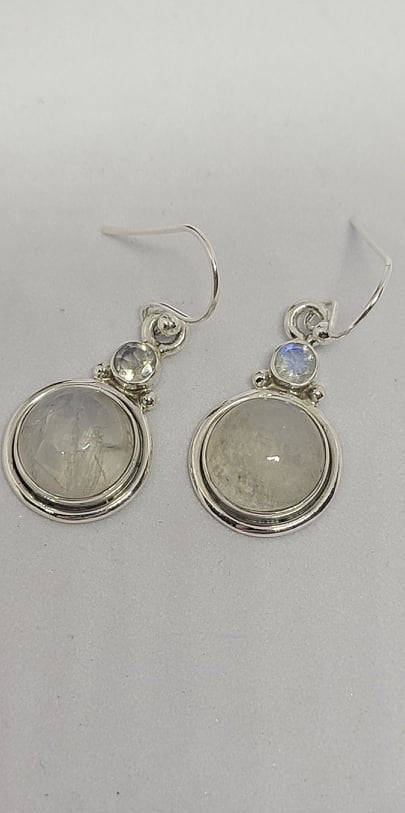 Earrings, Sterling Silver and Rainbow Moonstone