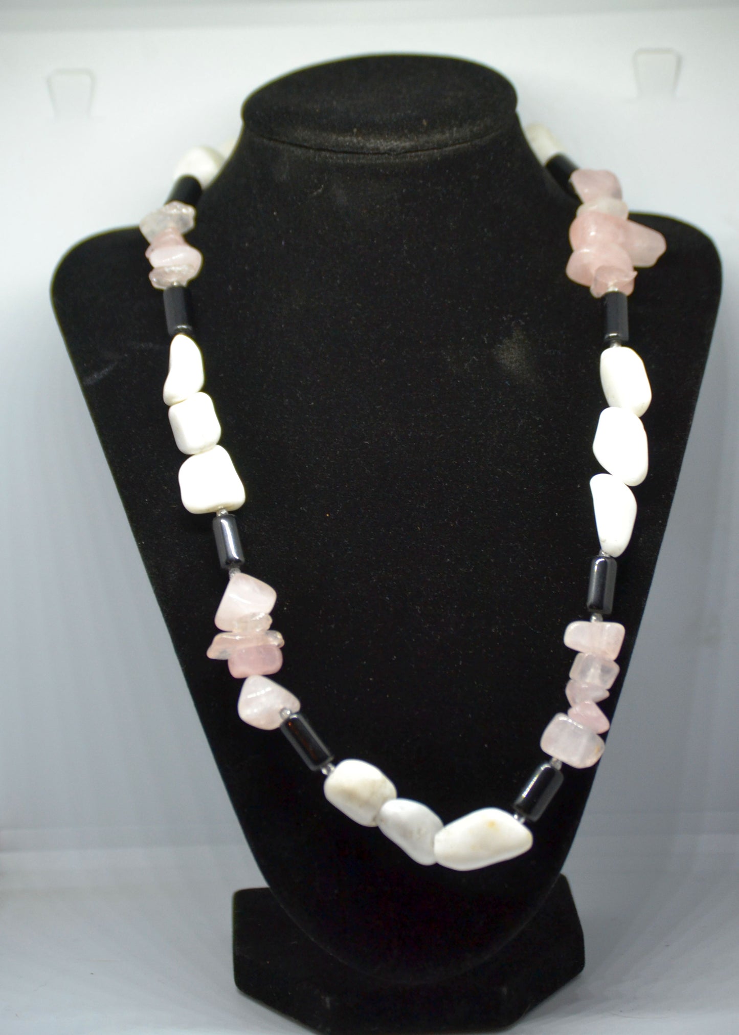 Necklace, Hand crafted Rose Quartz, Onyx, and Snow Quartz