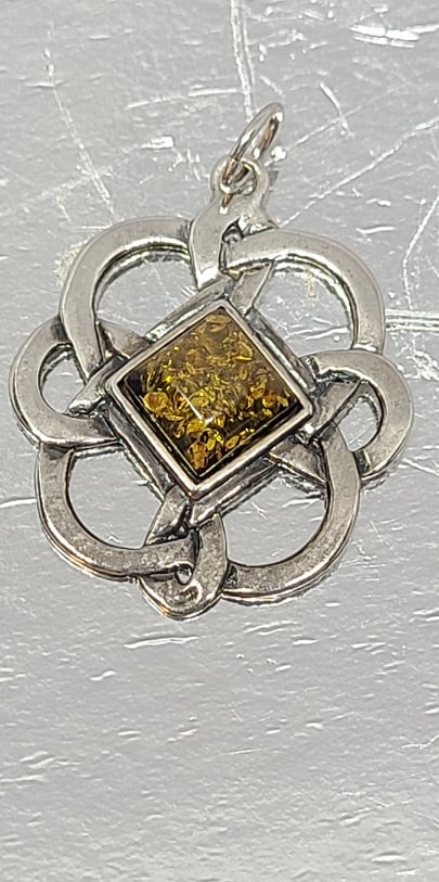 Gemstone Pendant, Celtic Knot Amber and Sterling Silver