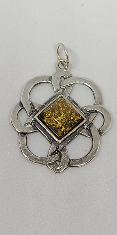 Gemstone Pendant, Celtic Knot Amber and Sterling Silver