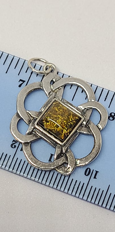 Gemstone Pendant, Celtic Knot Amber and Sterling Silver