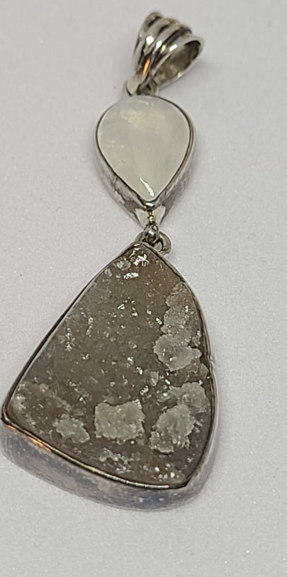Pendant, Sterling Silver w/ Druzy agate and Moonstone