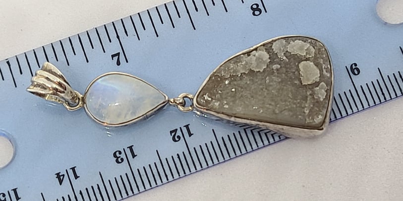Pendant, Sterling Silver w/ Druzy agate and Moonstone