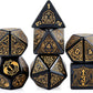 Dice Sets, Black and Gold Constellation Patterns  with Metal Tin Polyhedron 7 Piece Set