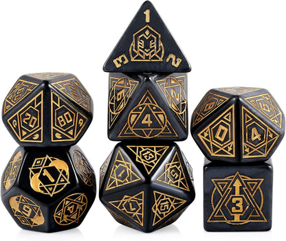 Dice Sets, Black and Gold Constellation Patterns  with Metal Tin Polyhedron 7 Piece Set