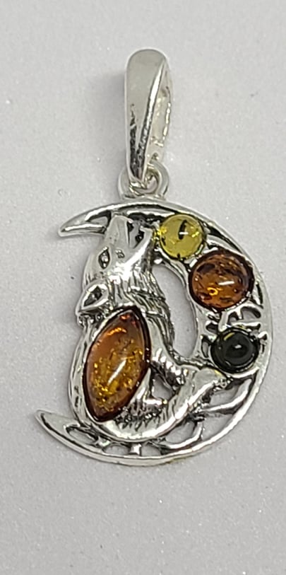 Necklace, Sterling Silver Wolf and Moon with Baltic Amber