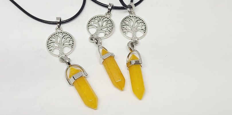 Gemstone Pendant, Yellow (Lemon) Jade Hexagonal Healing Point, tree of life