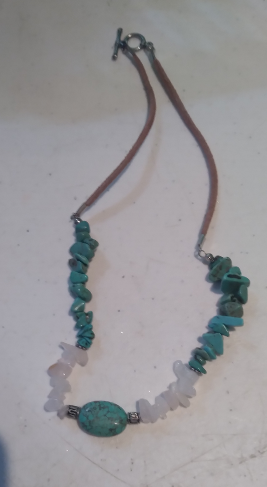 Necklace, Turquoise and rose quartz on leather