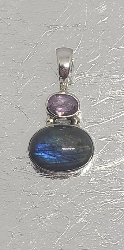 Gemstone Pendant, Labradorite and Amethyst with Sterling Silver