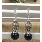 Earrings, Black Obsidian and Buddha
