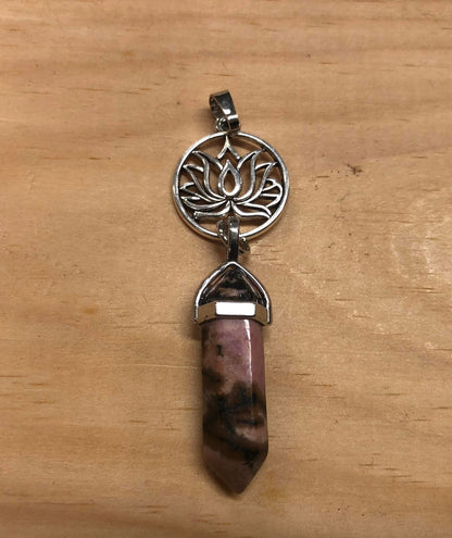 Gemstone Pendant, Hexagonal Healing Point with Lotus Flower Medallion