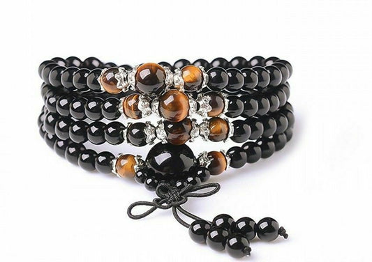 Tiger's Eye and Obsidian Mala Buddhist 108 Bead Bracelet/Necklace