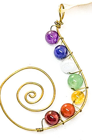 Pendant, Chakra Round Gemstone Beads with Sacred Spiral in Brass