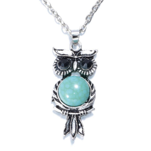 Necklace, Crystal and Turquoise Owl round