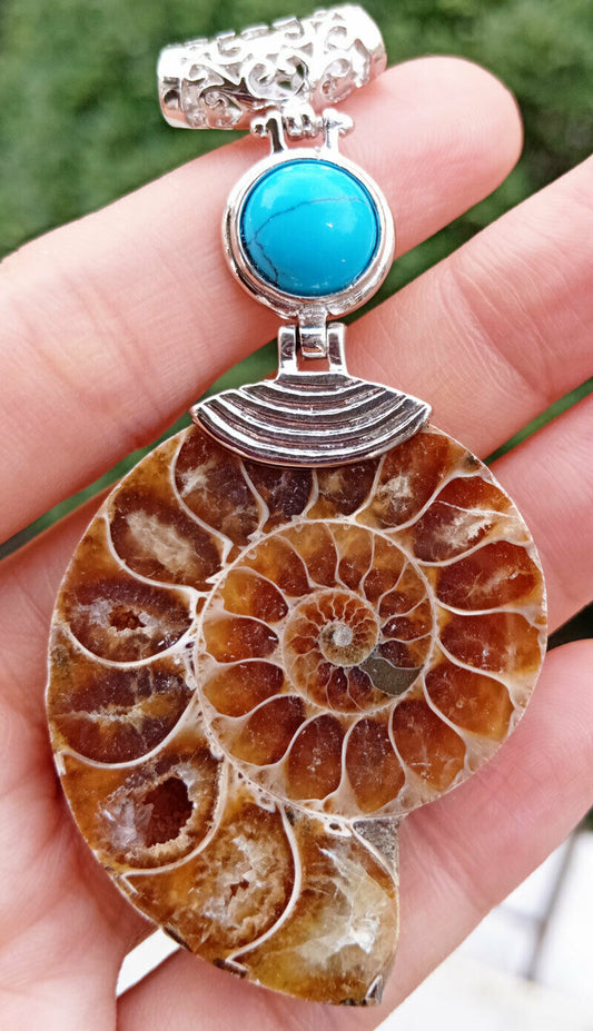 Gemstone Pendant, Ammonite with Blue Turquoise