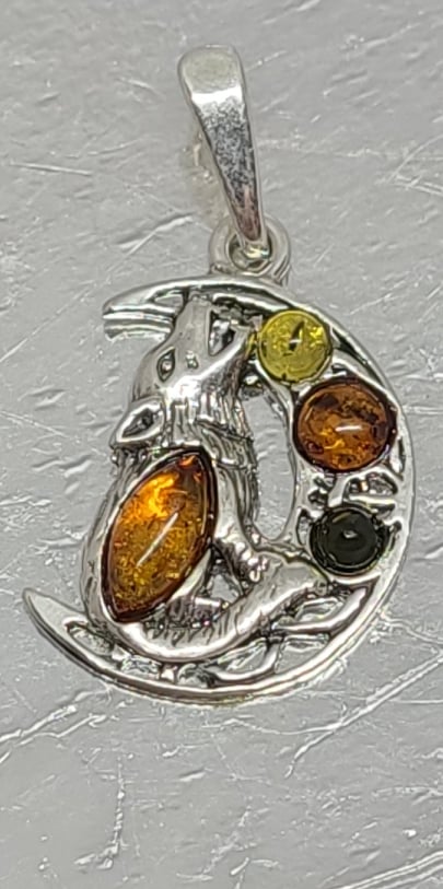 Necklace, Sterling Silver Wolf and Moon with Baltic Amber