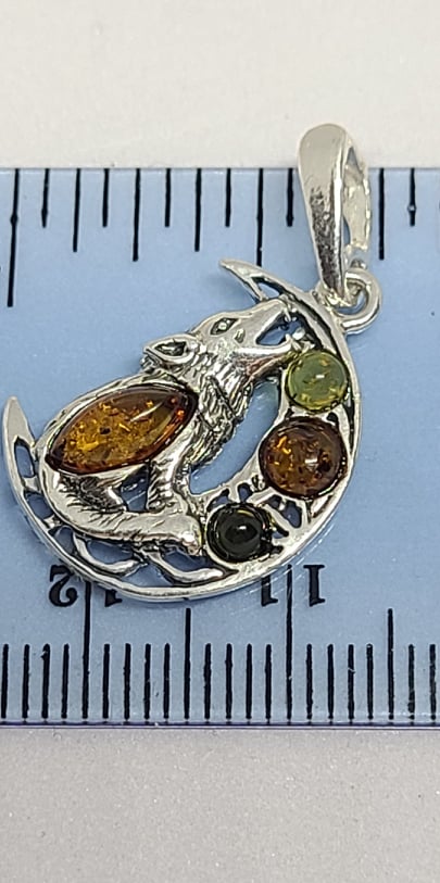 Necklace, Sterling Silver Wolf and Moon with Baltic Amber
